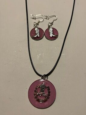 Pink Enamel Horseshoe & Cowboy Boot Necklace and Earring Set